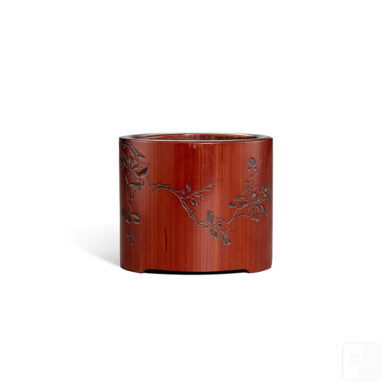 An inscribed banboo 'flower' brush pot, signed Pu Zhongqian, Republican period | 民國 竹雕濮仲謙款花卉圖詩文筆筒